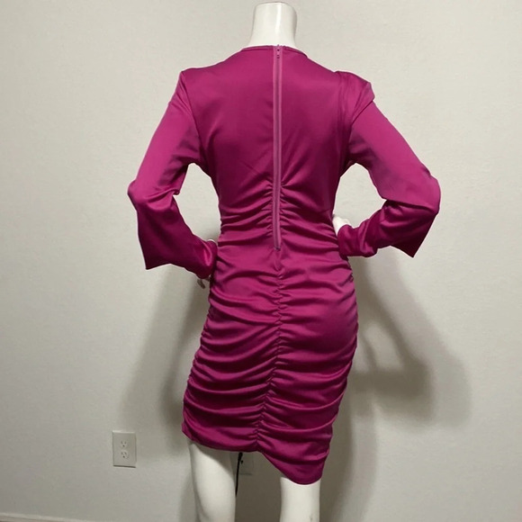 Hot Pink Long Sleeve Open V-Neck Ruched Bodycon Dress Size Large - Picture 4 of 5